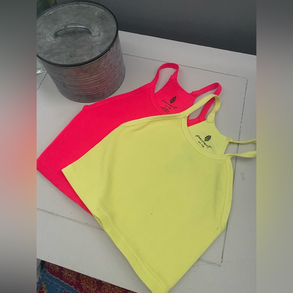 NWOT/Free People Happiness Runs Crop Tank Top Bright Pink and Yellow Tank Tops